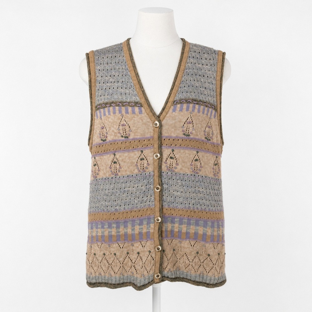 Vintage 90s Floral Embroidered Sweater Vest Size M Brown Cottagecore Pointelle